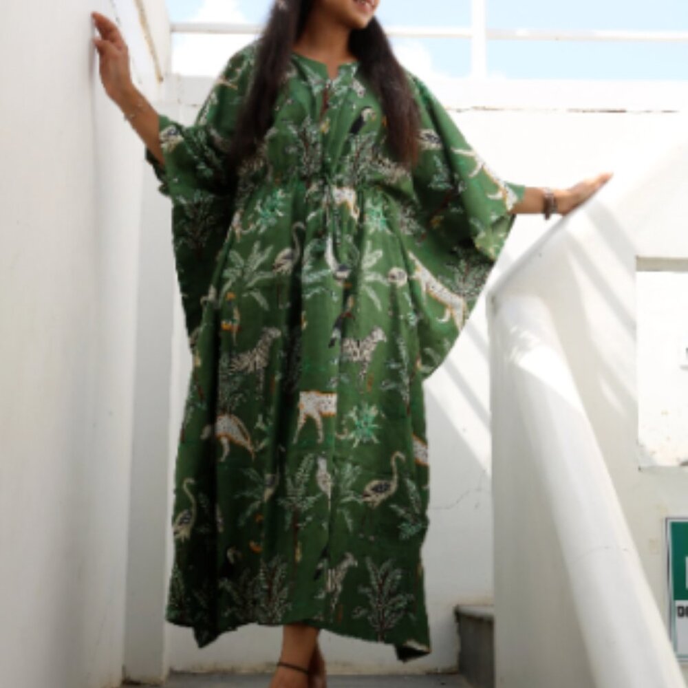 BRAND NEW Cotton Kaftan For Women Tiger Hand Block Printed Maxi Dress Gift For